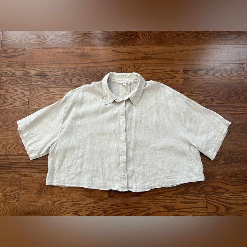 💯% Linen Oversized Short Sleeves Light Beige Taupe Bone Colour Cropped Shirt XXL - Picture 11 of 11
